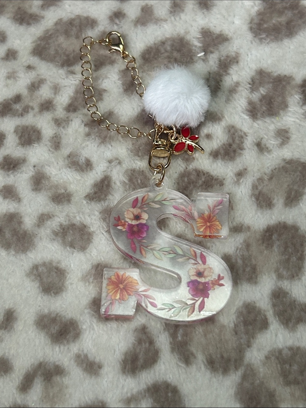 Floral Initial 'S' Keychain Charm with White Pom Pom